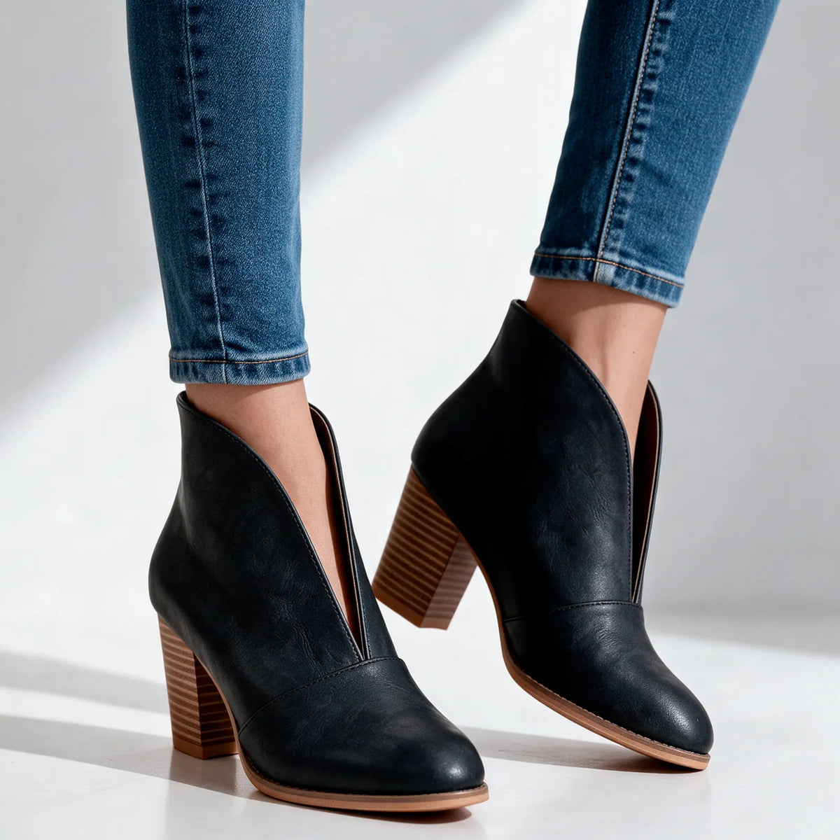 Women's V-Cut Ankle Boots with Almond Toe & Stacked Block Heel - Worn Alt Angle