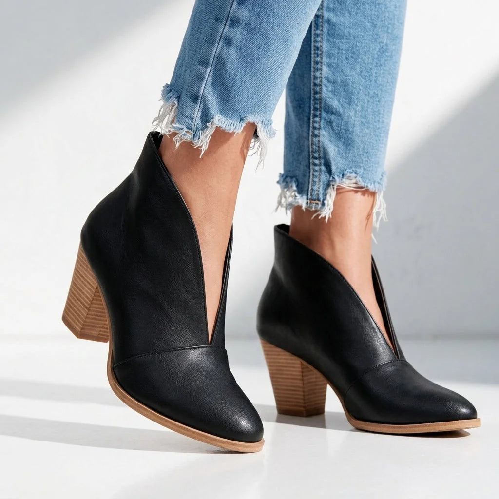 Women's V-Cut Ankle Boots with Almond Toe & Stacked Block Heel - Worn Ripped Jeans