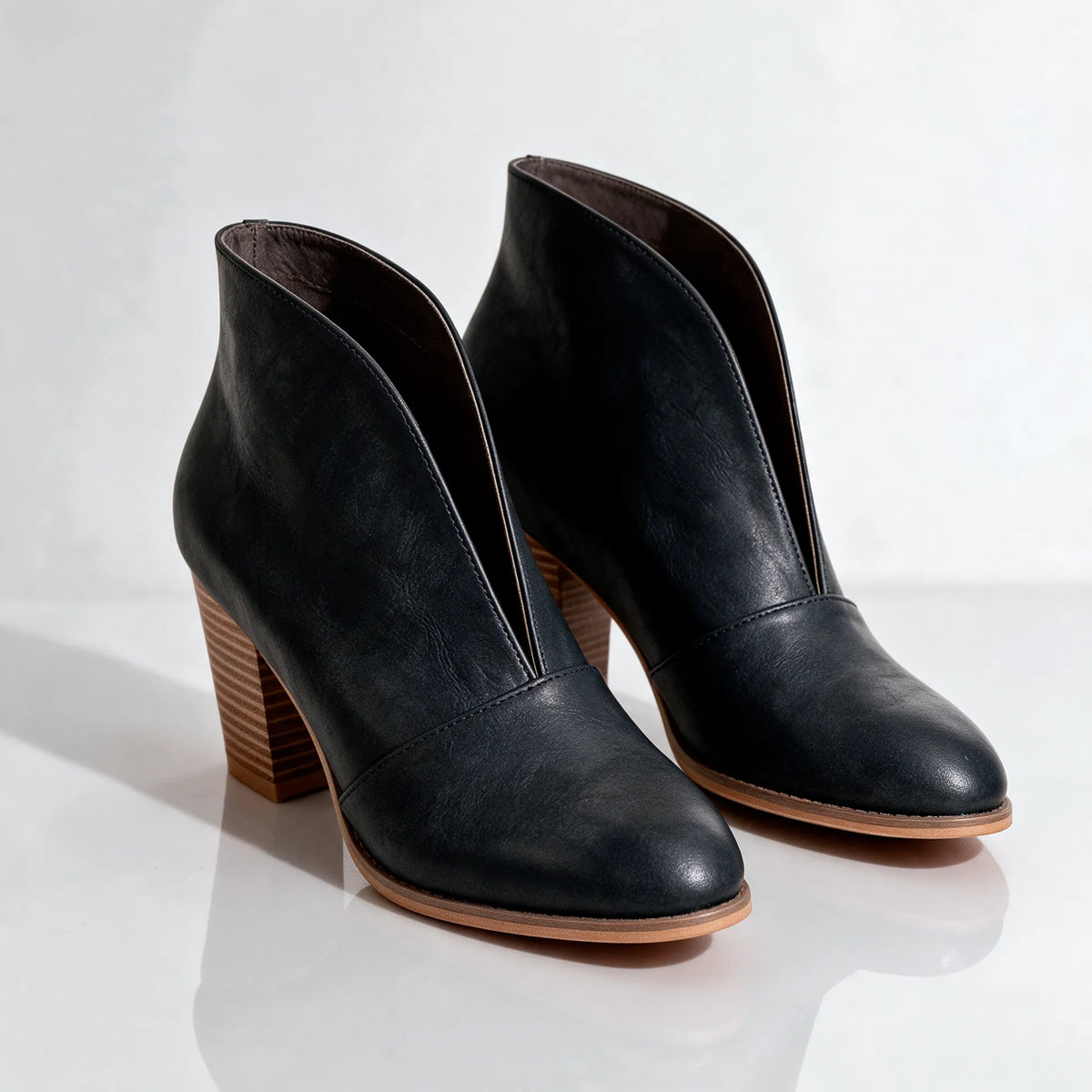 Black Women's V-Cut Ankle Boots with Almond Toe & Stacked Block Heel