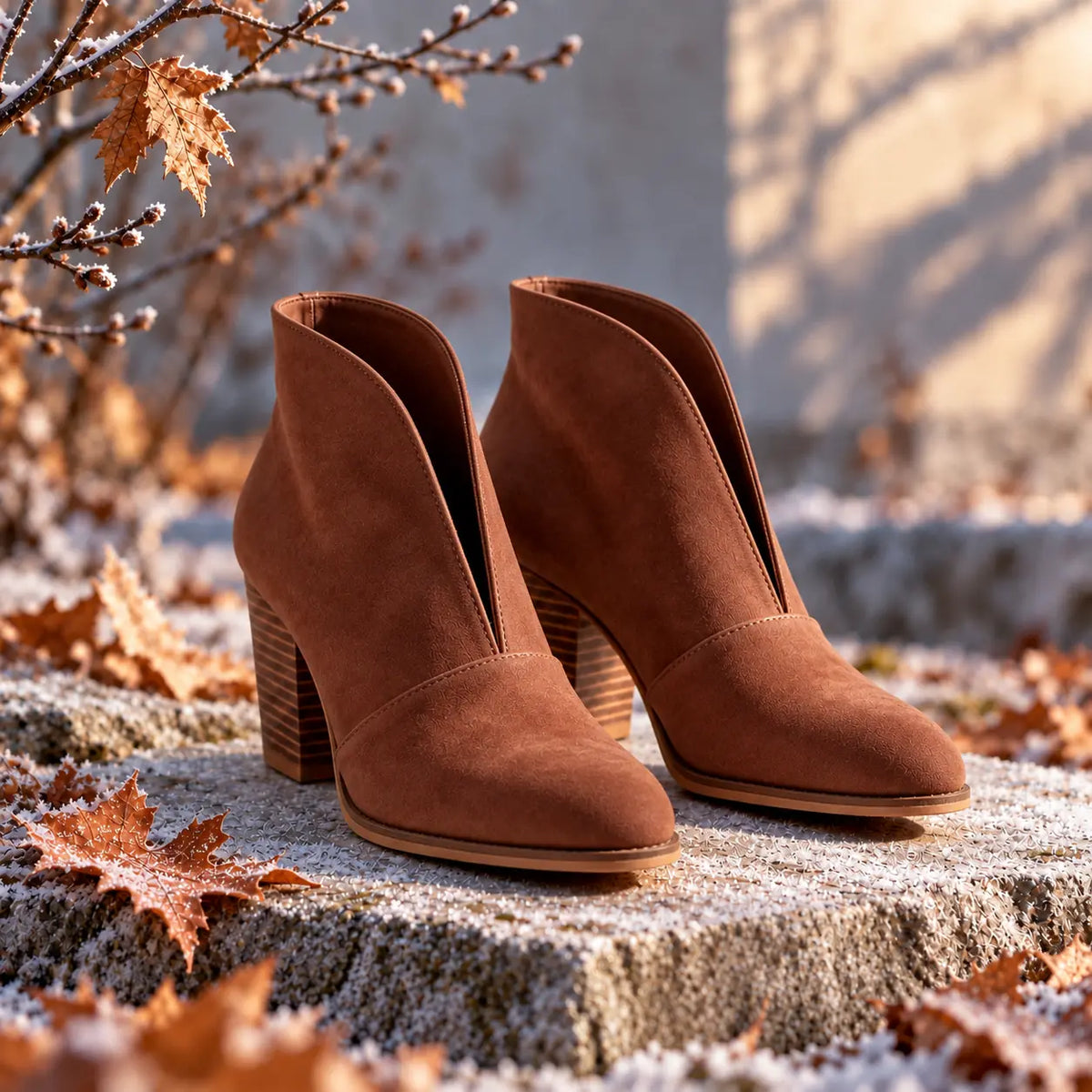 Women's V-Cut Ankle Boots with Almond Toe & Stacked Block Heel - Autumn Leaves Closeup