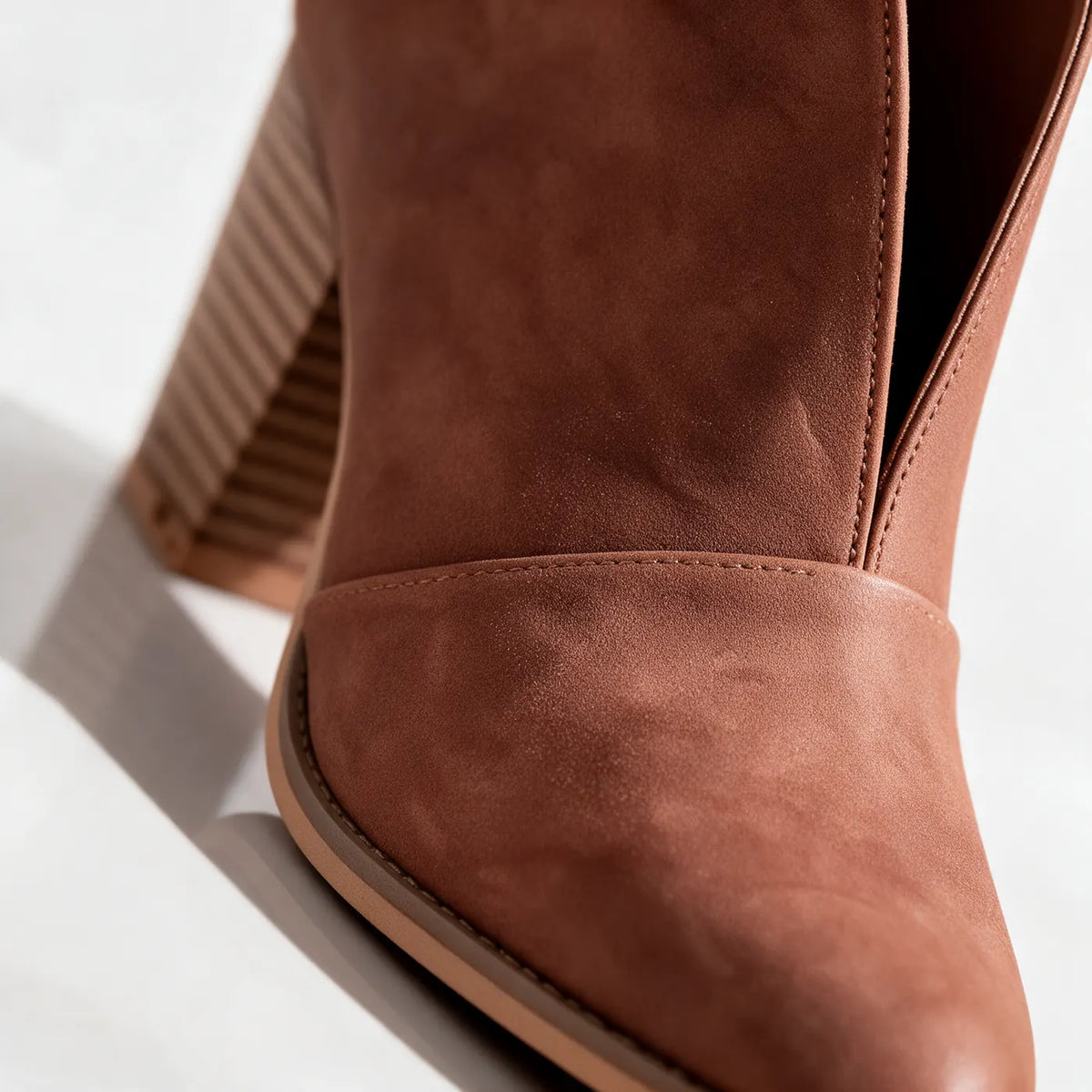 Women's V-Cut Ankle Boots with Almond Toe & Stacked Block Heel - Macro Toe Detail