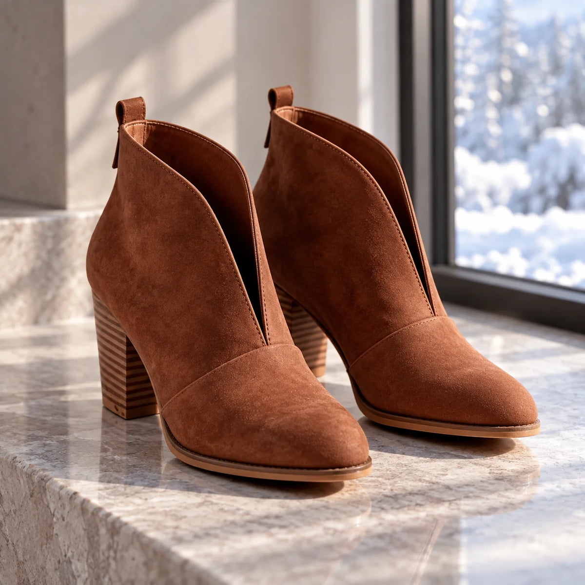 Women's V-Cut Ankle Boots with Almond Toe & Stacked Block Heel - Windowsill Marble Steps