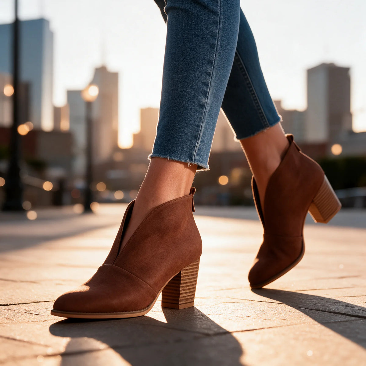 Women's V-Cut Ankle Boots with Almond Toe & Stacked Block Heel - Worn City Golden Hour