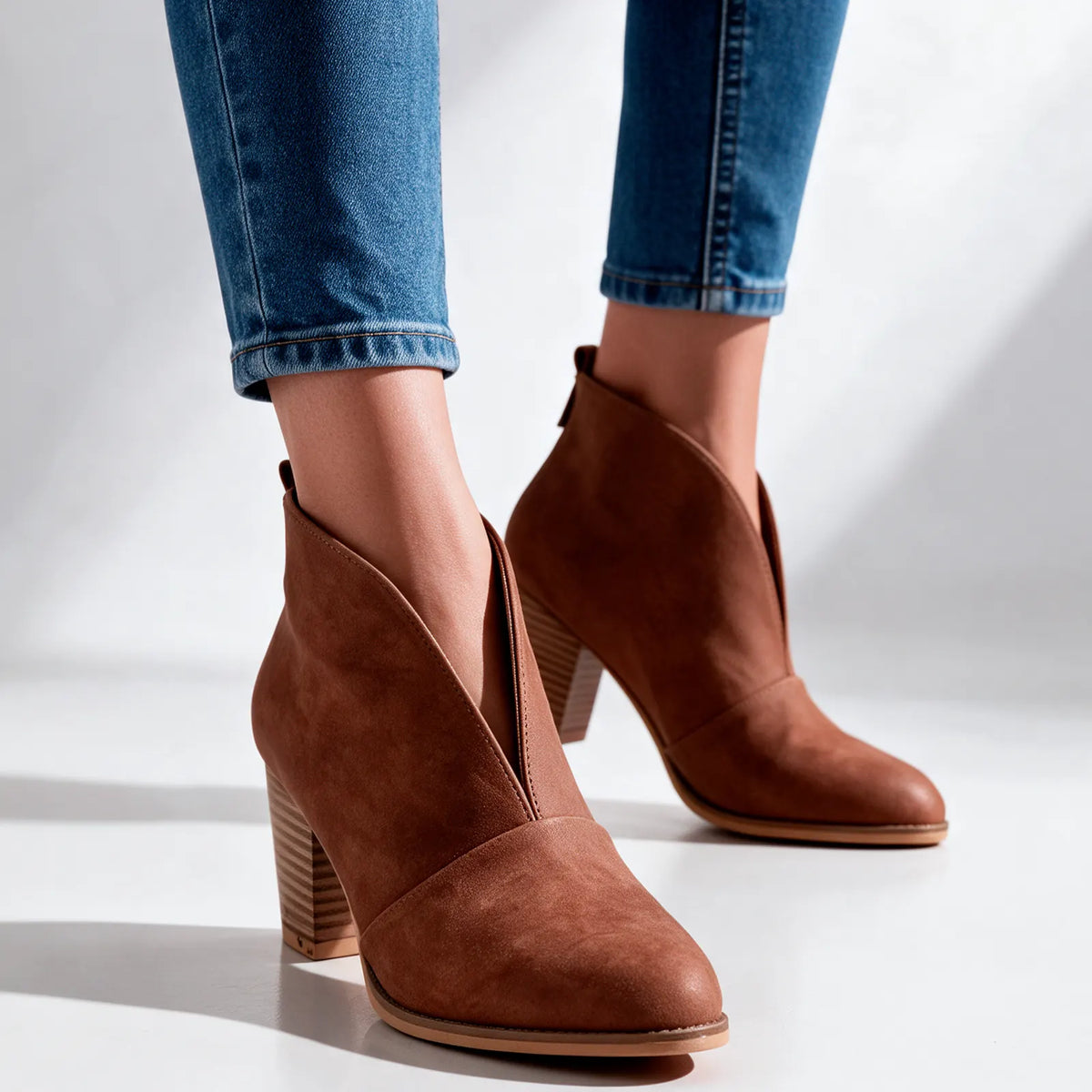 Women's V-Cut Ankle Boots with Almond Toe & Stacked Block Heel - Worn Closeup Walking