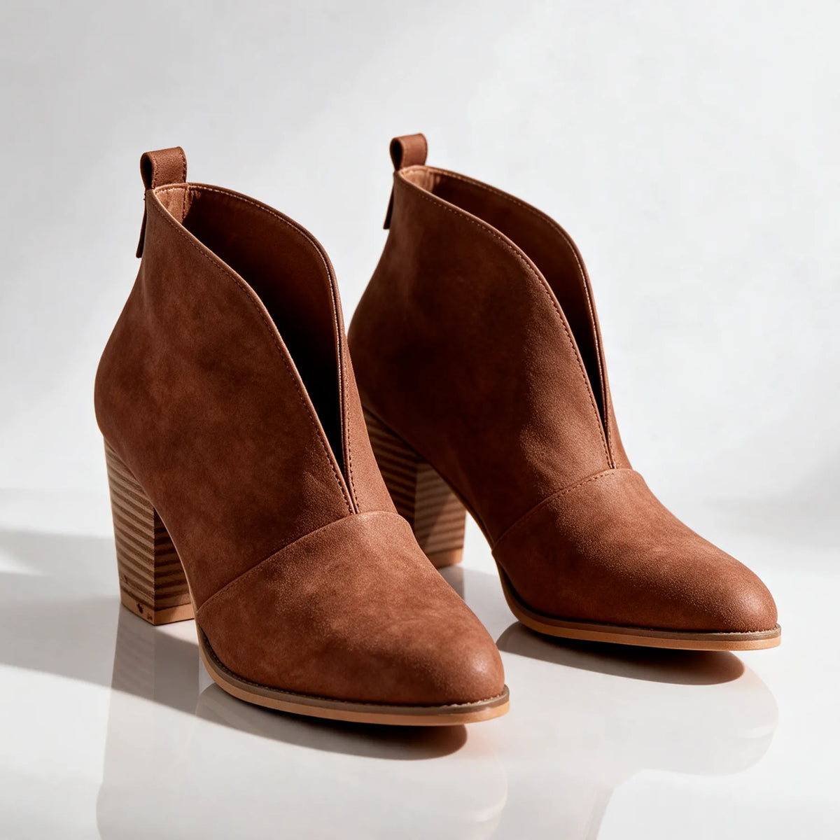 Brown Women's V-Cut Ankle Boots with Almond Toe & Stacked Block Heel