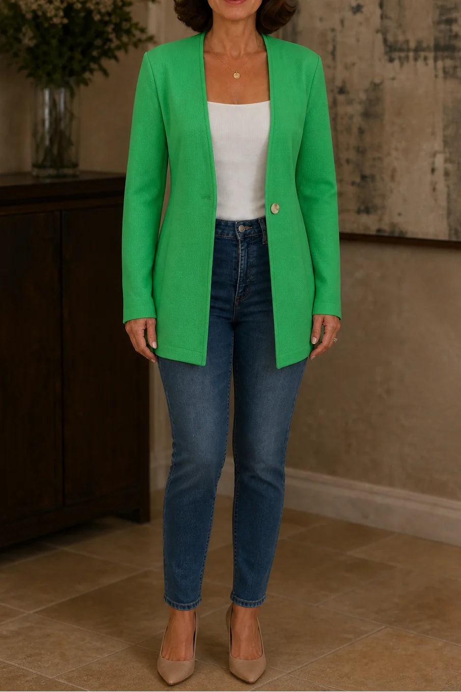 Green Women's V-Neck Blazer with Single-Button A-Line Shape & Stretch Woven Finish