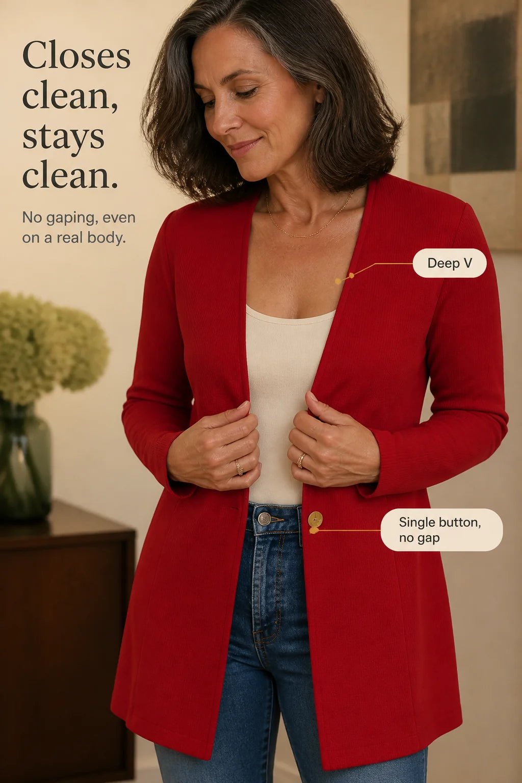 Women's V-Neck Blazer with Single-Button A-Line Shape & Stretch Woven Finish - Red Deep V Detail Graphic