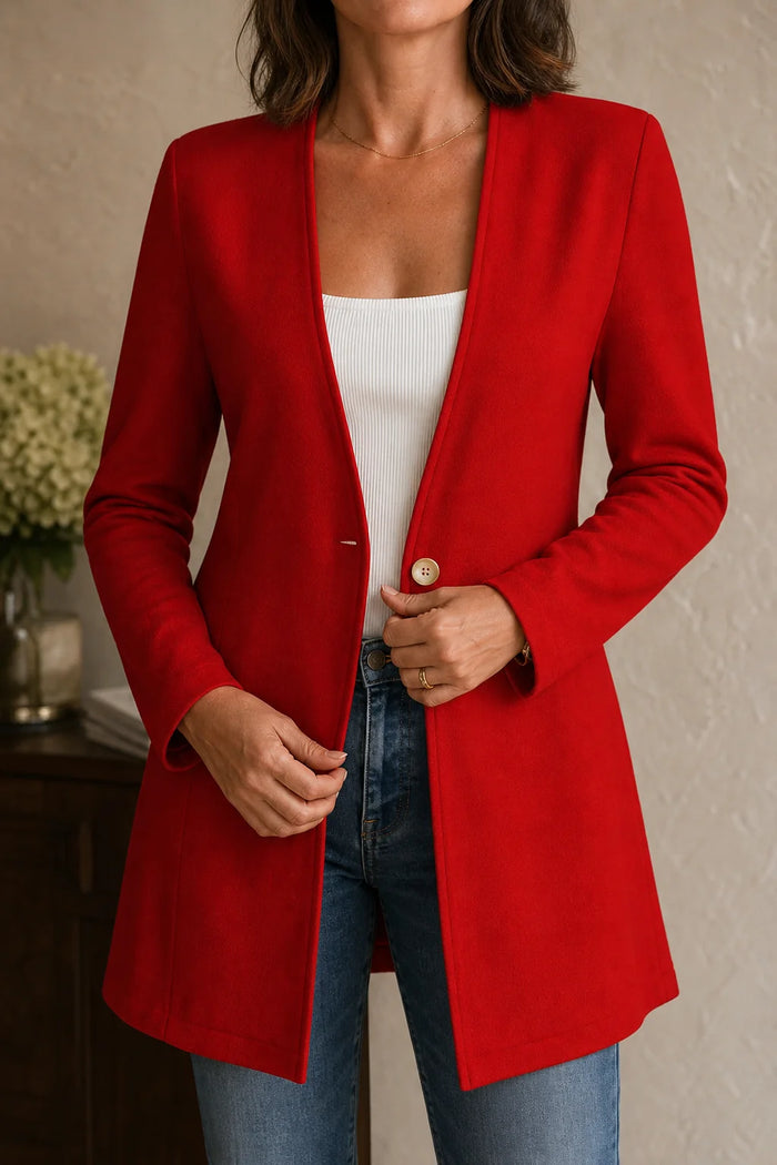 Orange Red Women's V-Neck Blazer with Single-Button A-Line Shape & Stretch Woven Finish - Front Close Up Button