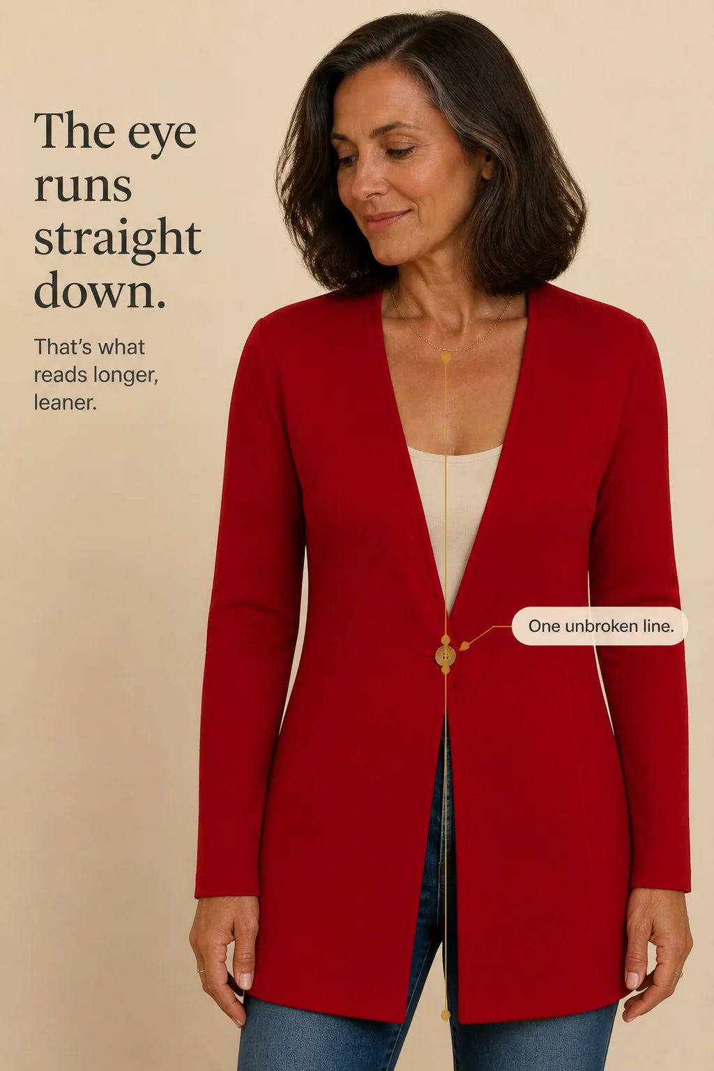 Women's V-Neck Blazer with Single-Button A-Line Shape & Stretch Woven Finish - Red Front Line Graphic