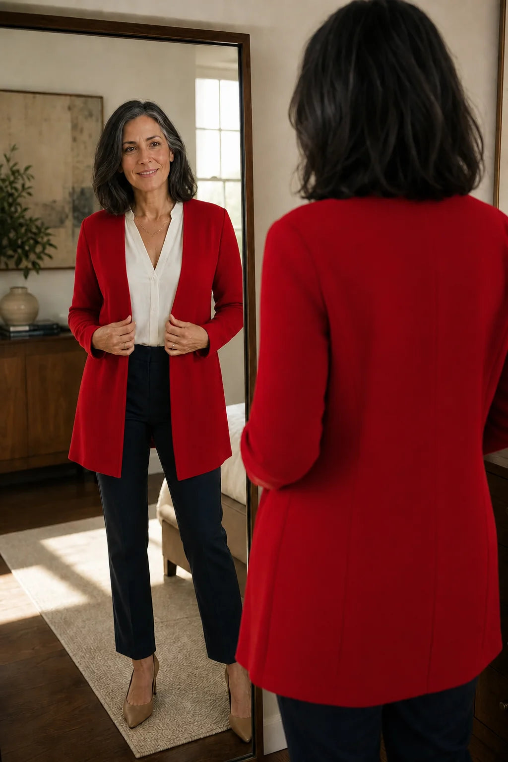Women's V-Neck Blazer with Single-Button A-Line Shape & Stretch Woven Finish - Red Mirror Full Reflection