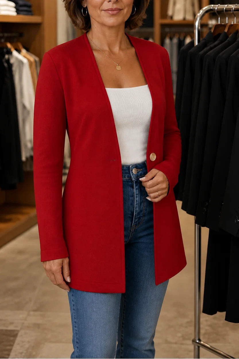 Women's V-Neck Blazer with Single-Button A-Line Shape & Stretch Woven Finish - Red