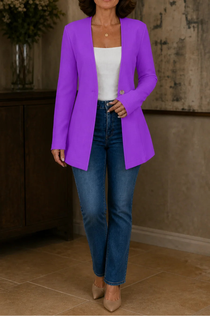 Purple Women's V-Neck Blazer with Single-Button A-Line Shape & Stretch Woven Finish