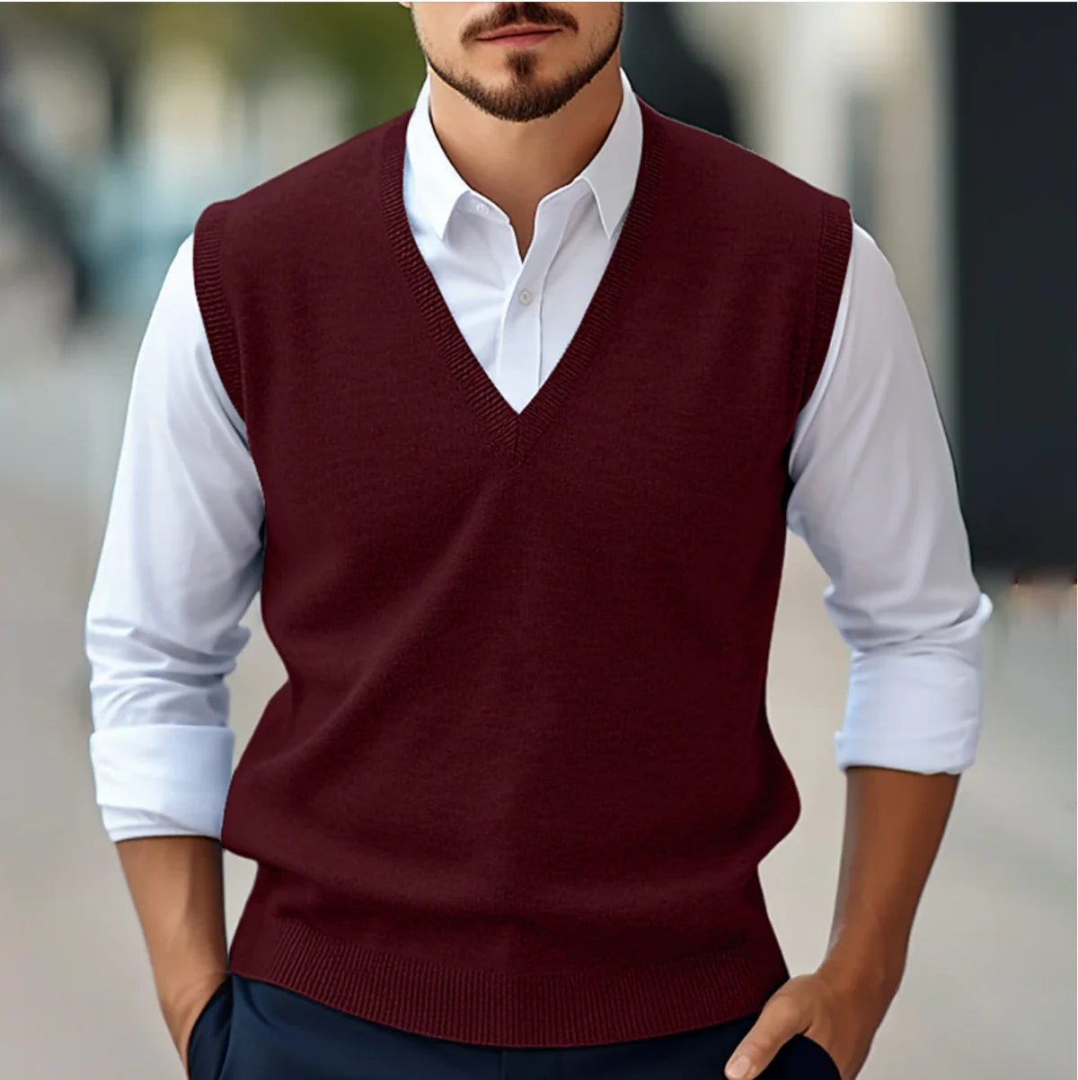 Red Men's V-Neck Knit Vest with Ribbed Trim — Alfie