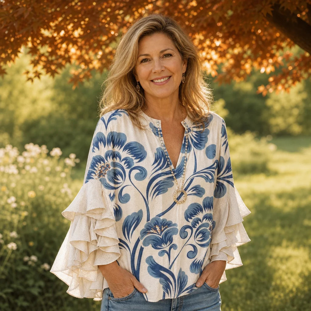 White Women's V-Neck Floral Blouse — Robyn Ruffle Sleeve Bohemian - Front Full