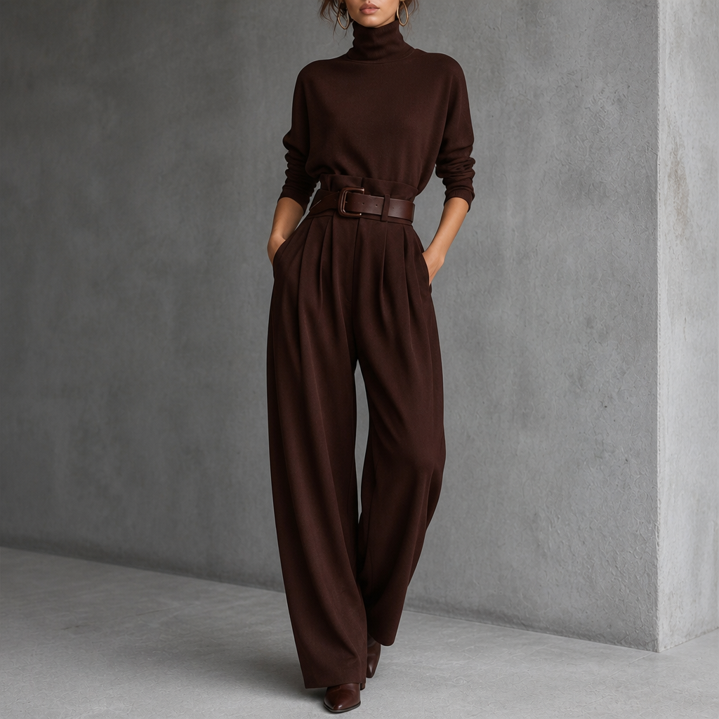 Brown Women's Turtleneck Pants Set with High-Waisted Wide-Leg Trousers & Belt