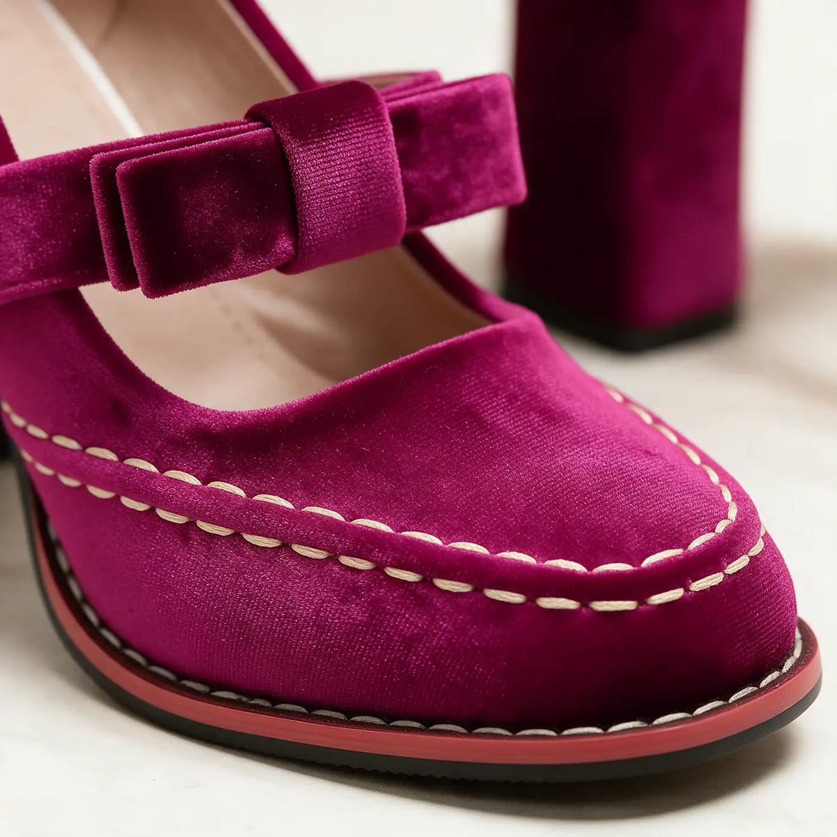 Women's Velvet Mary Jane Heels with Bow Strap & Block Heel - Close Up Bow Detail