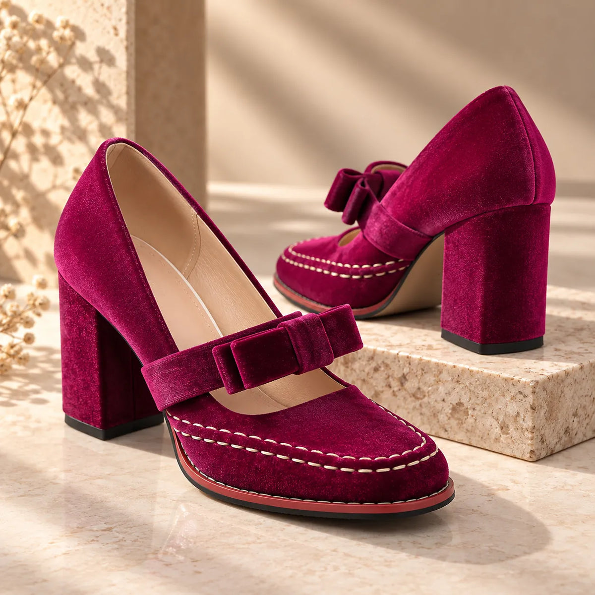 Women's Velvet Mary Jane Heels with Bow Strap & Block Heel - Lifestyle Pair Outdoor