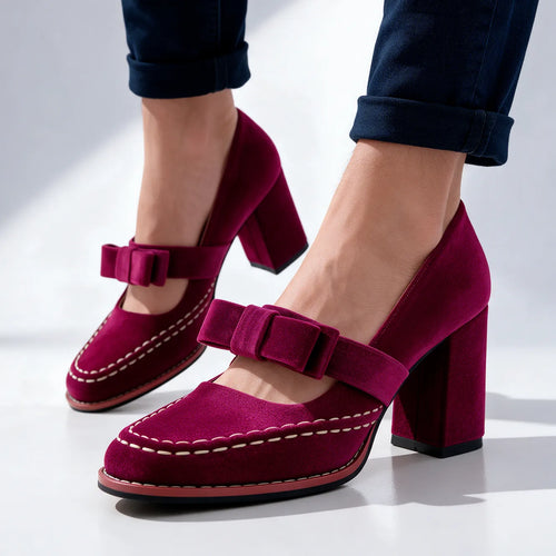 Women's Velvet Mary Jane Heels with Bow Strap & Block Heel - Worn Lifestyle