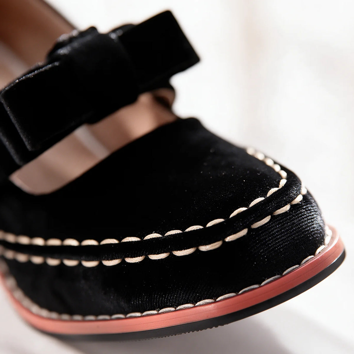 Women's Velvet Mary Jane Heels with Bow Strap & Block Heel - Close Up Toe Stitch
