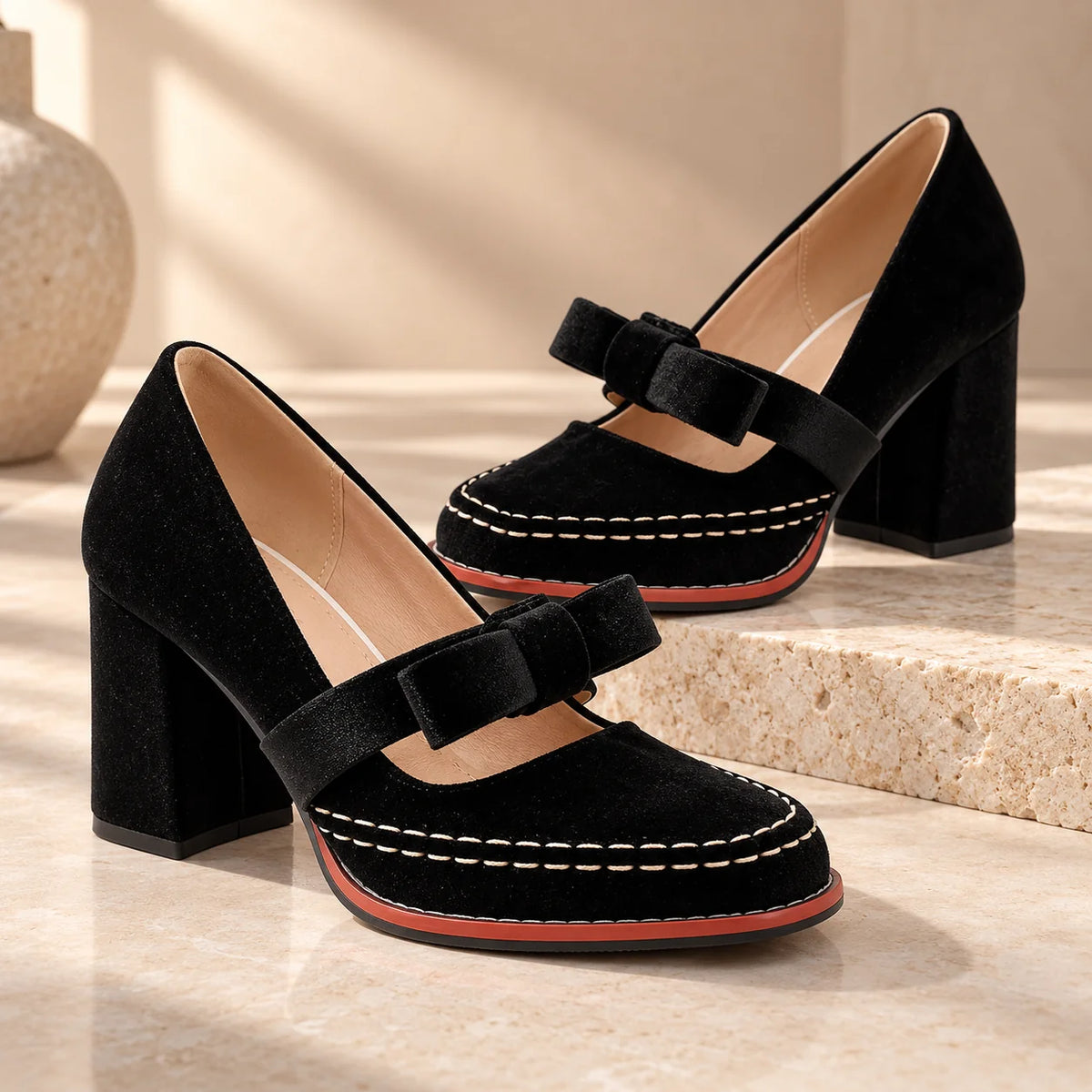 Women's Velvet Mary Jane Heels with Bow Strap & Block Heel - Lifestyle Pair Marble