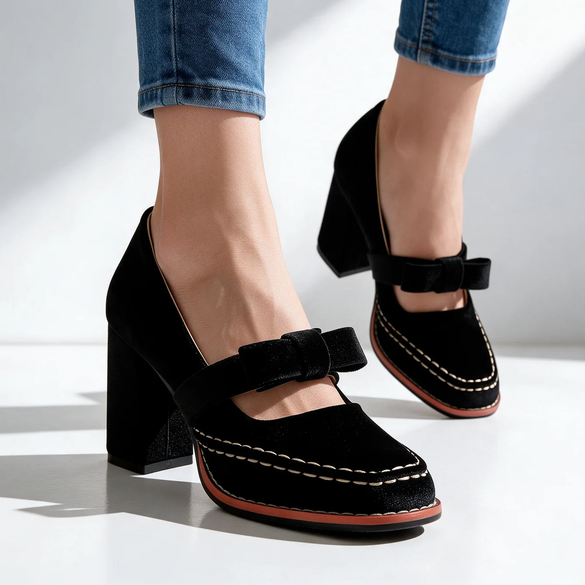 Women's Velvet Mary Jane Heels with Bow Strap & Block Heel - Worn Lifestyle Close