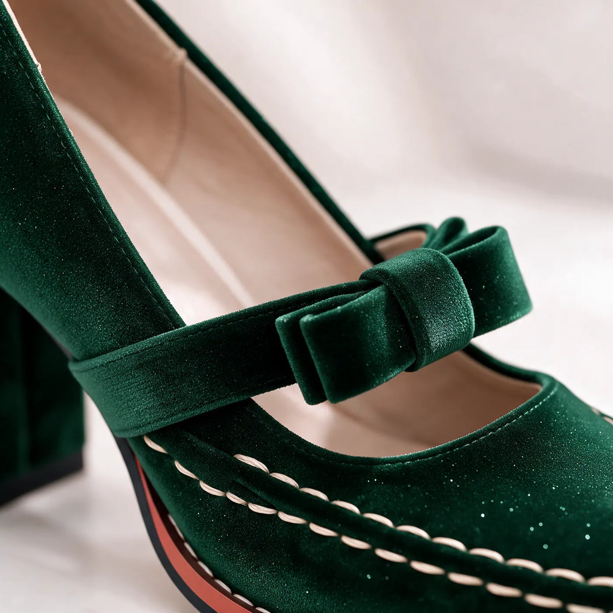 Women's Velvet Mary Jane Heels with Bow Strap & Block Heel - Close Up Bow