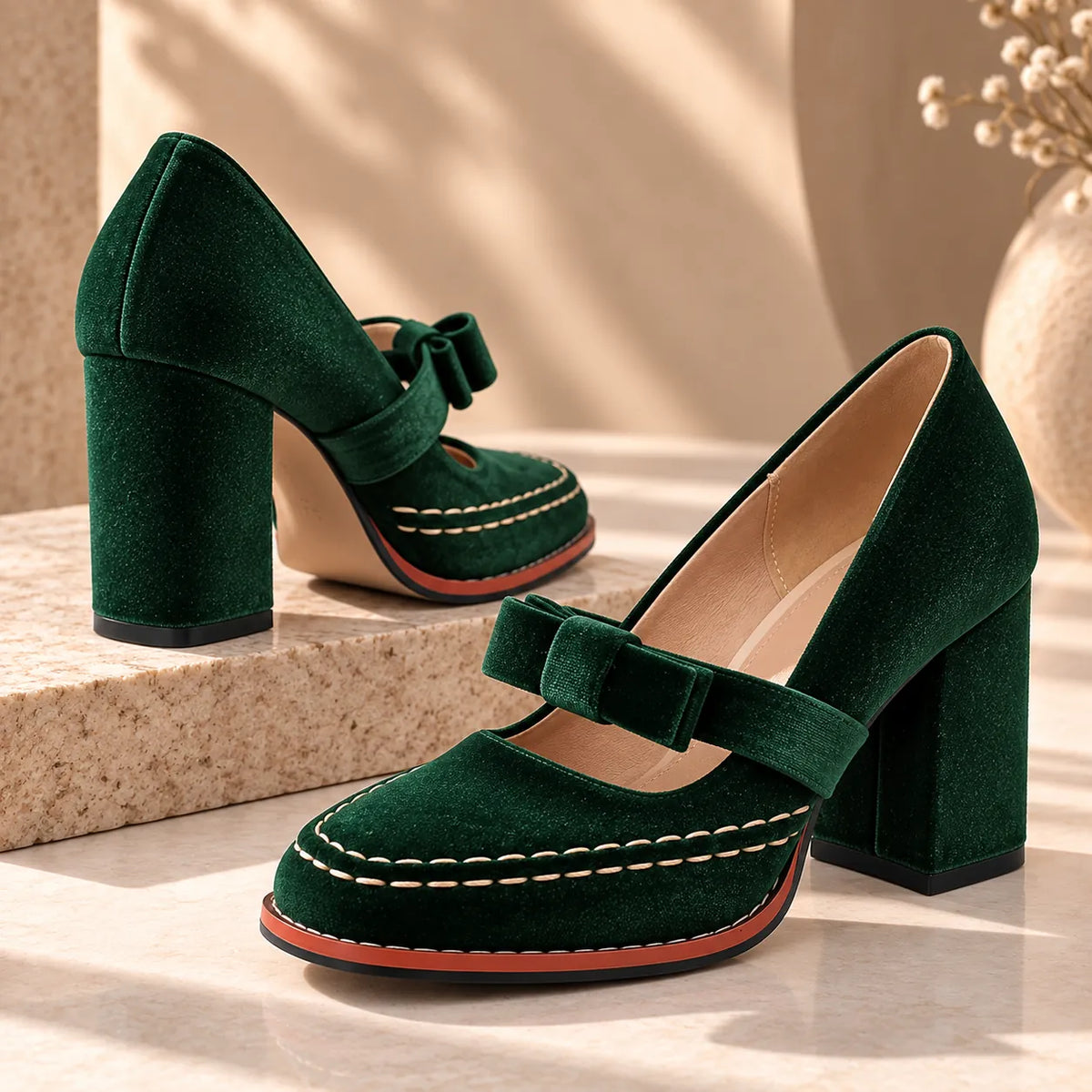 Women's Velvet Mary Jane Heels with Bow Strap & Block Heel - Lifestyle Pair Stone