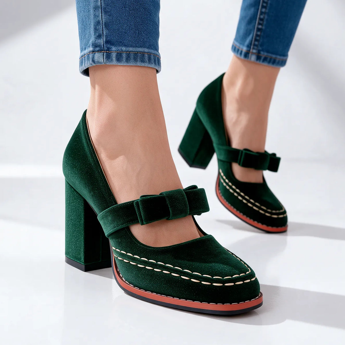 Women's Velvet Mary Jane Heels with Bow Strap & Block Heel - Worn Lifestyle Walk