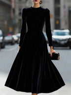 Black Women's Velvet Maxi Dress with Mock Neck & Pleated Shoulders