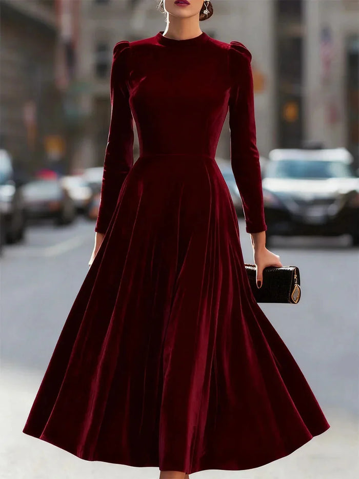 Burgundy Women's Velvet Maxi Dress with Mock Neck & Pleated Shoulders — Joy