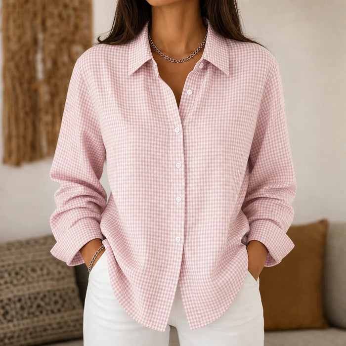 Pink Women's Vintage Plaid Shirt with Relaxed Fit & Linen-Blend Button-Front - Front Close Necklace