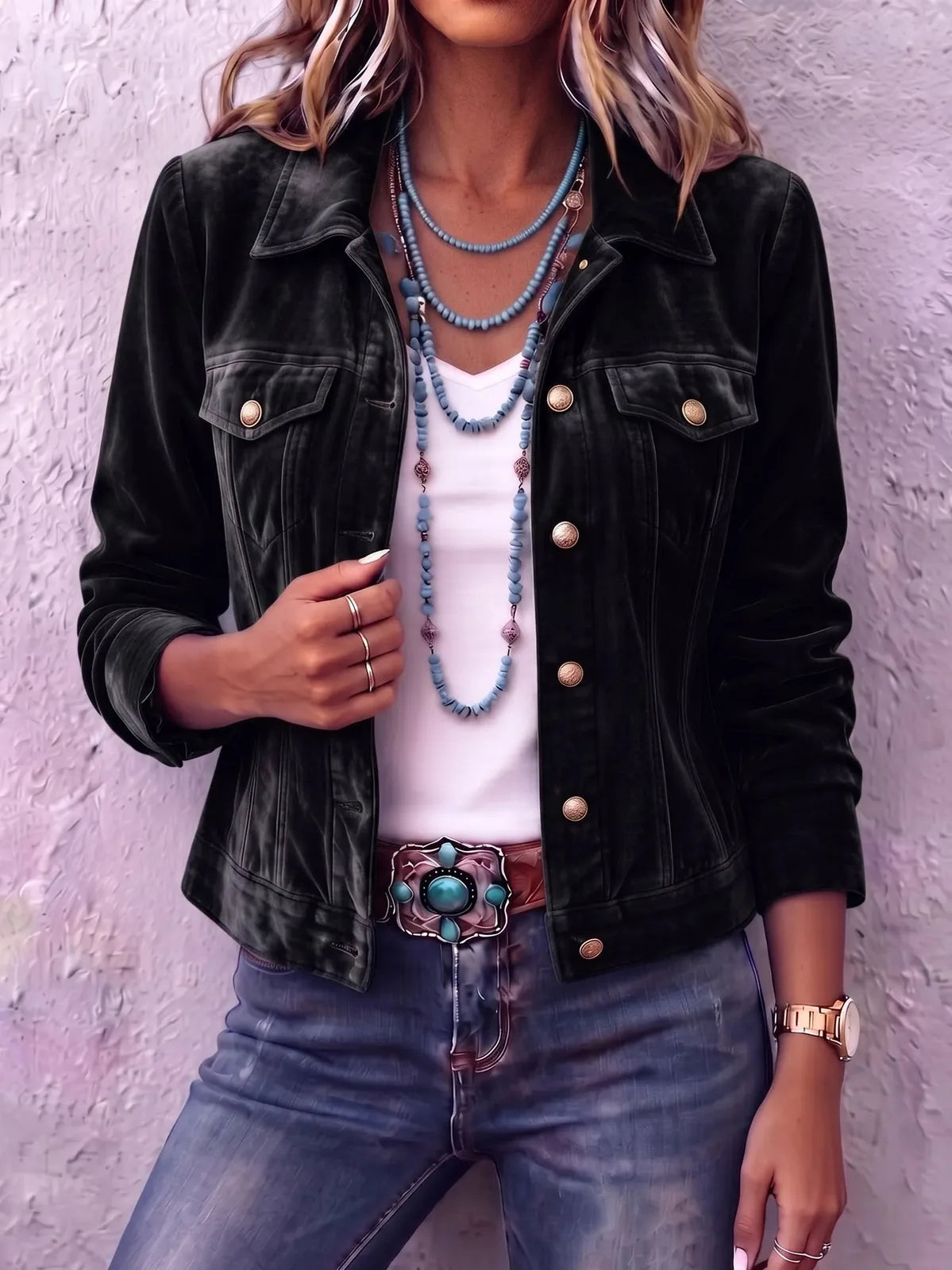Black Women's Vintage Button Jacket with Relaxed Fit & Chest Pockets