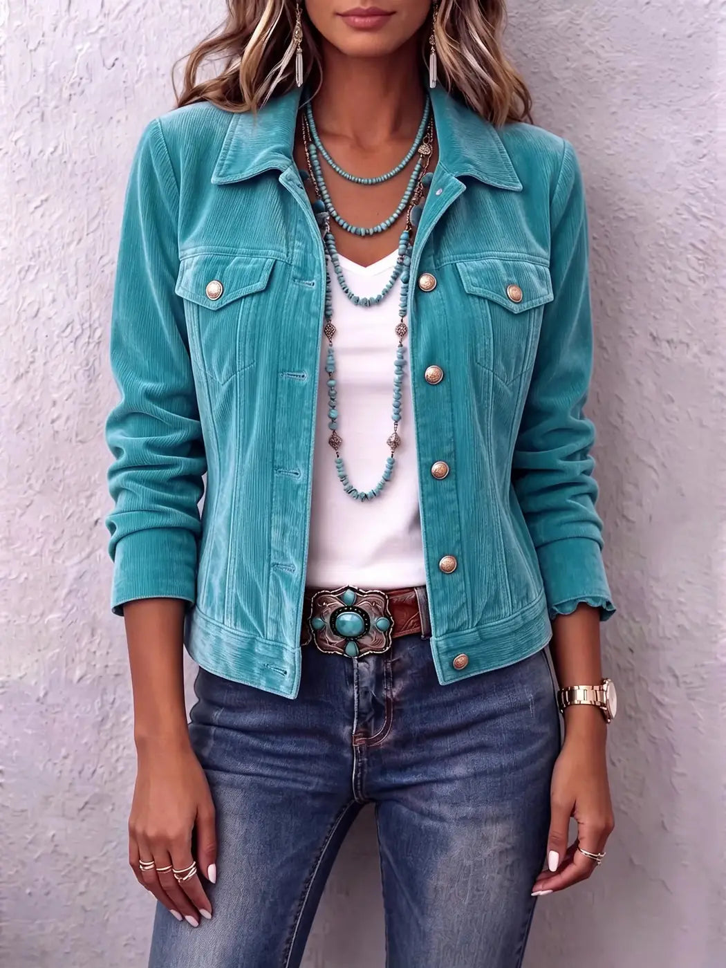 Women's Vintage Button Jacket with Relaxed Fit & Chest Pockets - Close Up Collar