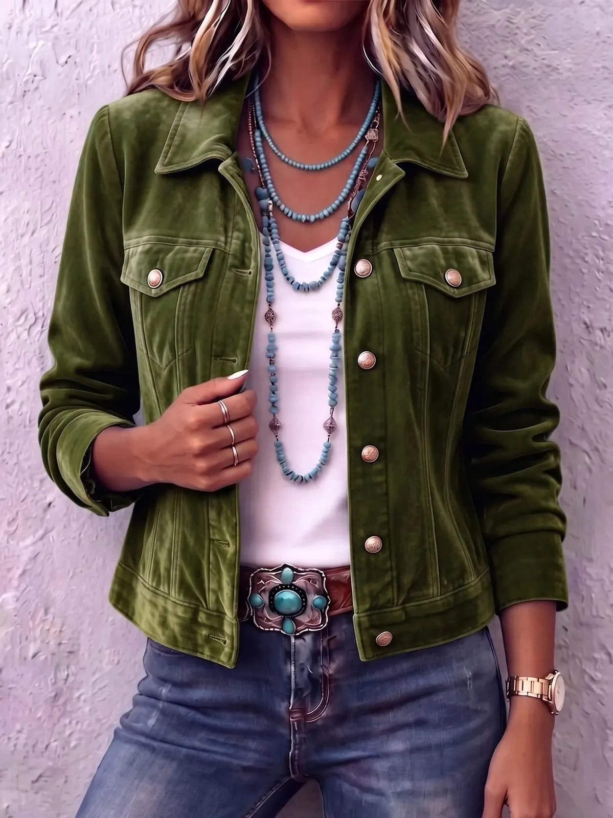 Green Women's Vintage Button Jacket with Relaxed Fit & Chest Pockets