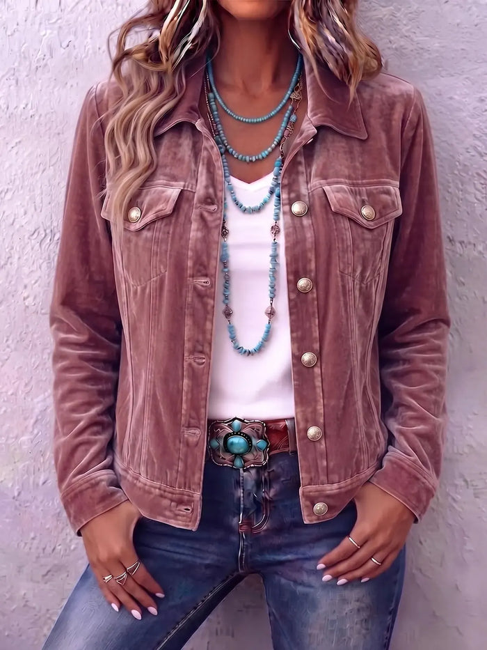Women's Vintage Button Jacket with Relaxed Fit & Chest Pockets