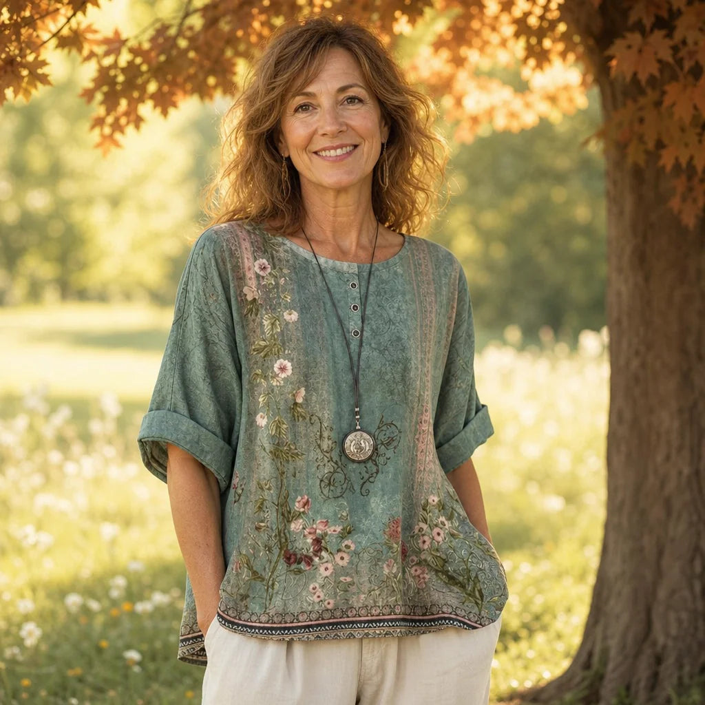 Bluegreen Women's Floral Print Blouse — Estelle Vintage Boho Short Sleeve - Front Full