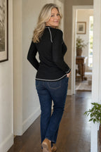 Women's Waffle Knit Henley Top with Contrast-Stitch Trim - Back View