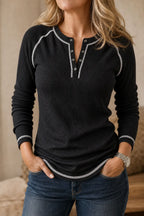 Women's Waffle Knit Henley Top with Contrast-Stitch Trim - Close Up Collar