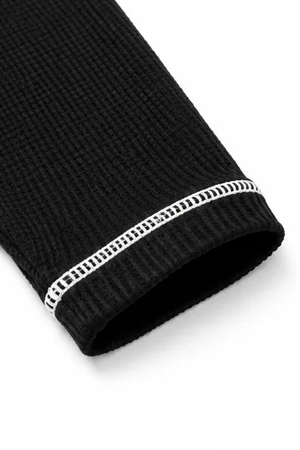 Women's Waffle Knit Henley Top with Contrast-Stitch Trim - Flat Lay Cuff