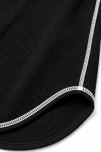 Women's Waffle Knit Henley Top with Contrast-Stitch Trim - Flat Lay Hem