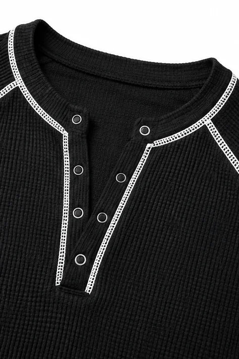 Women's Waffle Knit Henley Top with Contrast-Stitch Trim - Flat Lay Neckline