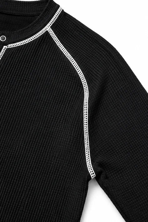 Women's Waffle Knit Henley Top with Contrast-Stitch Trim - Flat Lay Shoulder