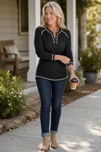 Women's Waffle Knit Henley Top with Contrast-Stitch Trim - Outdoor Walking