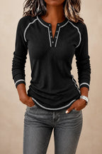 Black Women's Waffle Knit Henley Top with Contrast-Stitch Trim