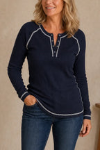 Navy Women's Waffle Knit Henley Top with Contrast-Stitch Trim — Mila