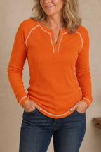 Orange Women's Waffle Knit Henley Top with Contrast-Stitch Trim — Mila