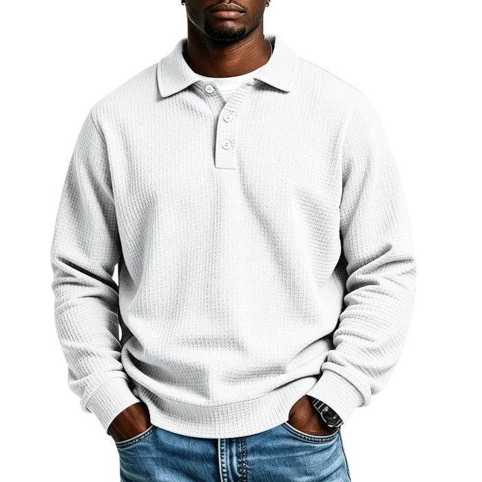 White Men's Waffle Knit Polo Shirt with Relaxed Fit & Ribbed Cuffs - Front Full