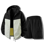 Black Green Men's Waterproof Jacket Set with Hooded Zip-Up Jacket & Cargo Shorts - Colorblock Detail