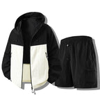 Black White Men's Waterproof Jacket Set with Hooded Zip-Up Jacket & Cargo Shorts