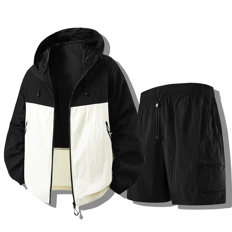 Black White Men's Waterproof Jacket Set with Hooded Zip-Up Jacket & Cargo Shorts